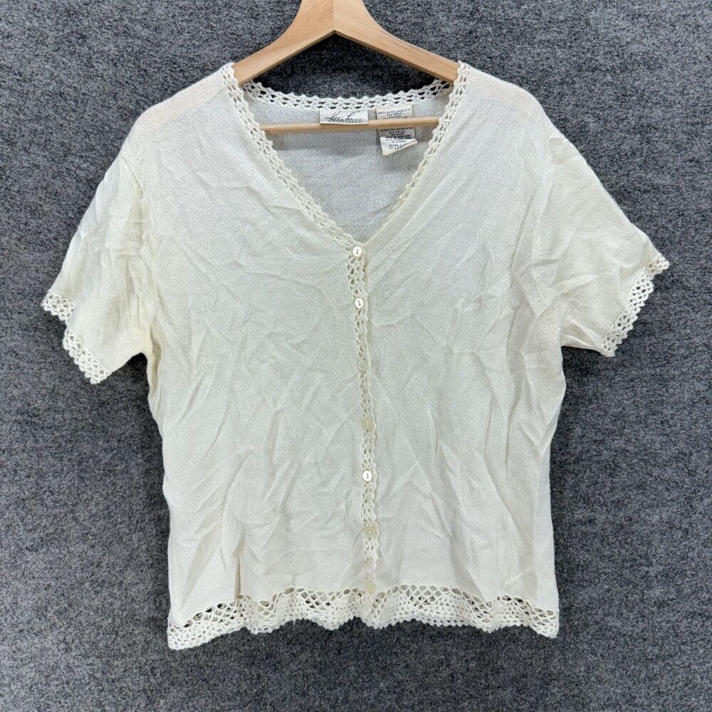 Kathie Lee Button Up Top Women XL Beige V-Neck Short Sleeve Acrylic Casual
